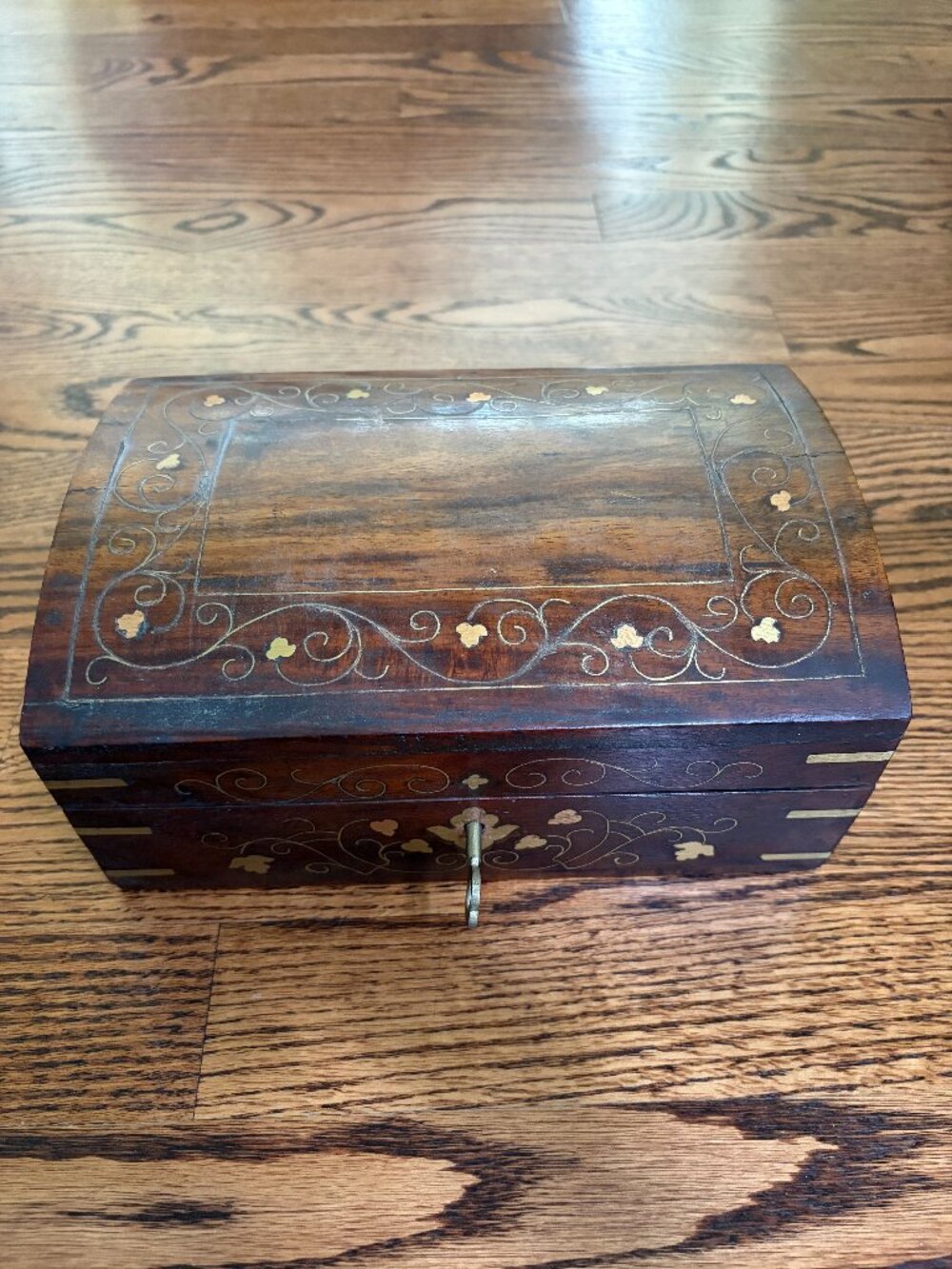 Vintage Ornate Wood Jewelry Storage Trinket Box Inlaid Brass, Felted, 1960s 70s